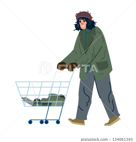 Homeless man pushing an empty shopping cart on street Homeless man pushing an empty shopping cart on street 134061393