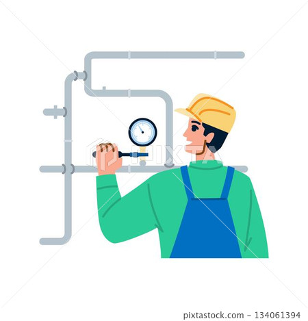 Plumber checking pressure gauge on pipeline system 134061394