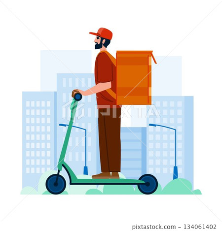 Delivery person riding scooter delivering food in city Delivery person riding scooter delivering food in city 134061402