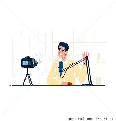 Man streaming podcast content creating online video Man streaming podcast content creating online video 134061404