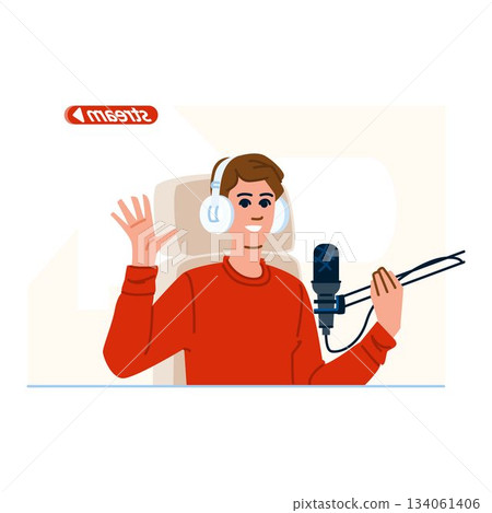 Man streaming online podcast with microphone and headphones Man streaming online podcast with microphone and headphones 134061406