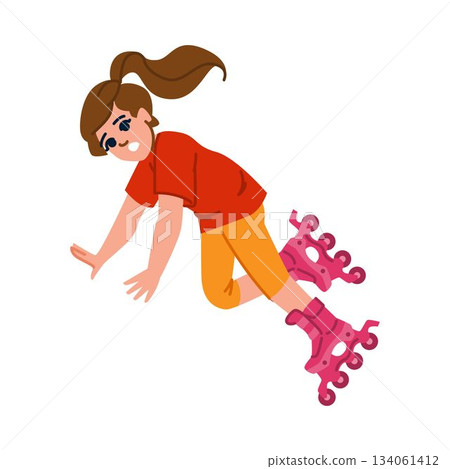 Girl falling rollerblading while learning new sport 134061412