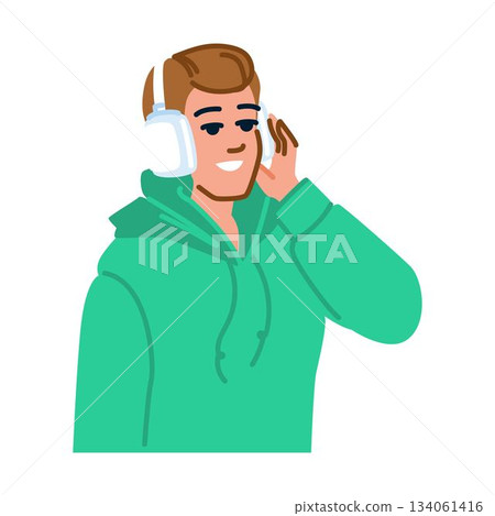 Smiling man listening to music with headphones 134061416