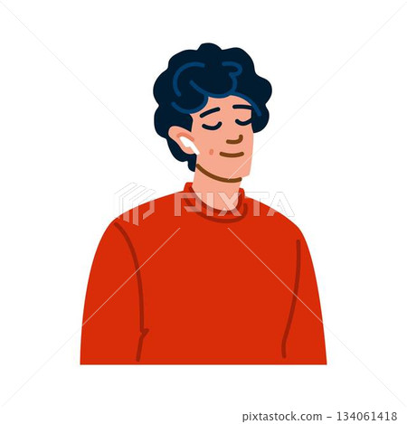 Young man enjoying music with wireless earbuds 134061418