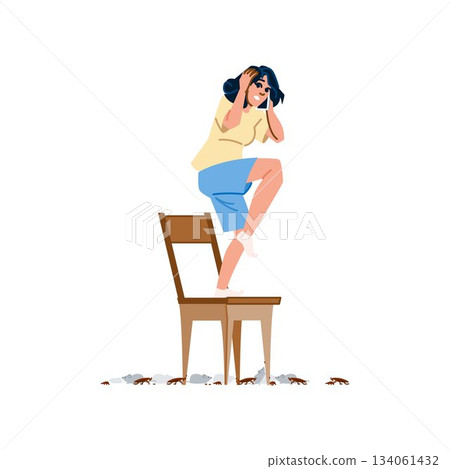 Woman scared by mice and rats standing on chair Woman scared by mice and rats standing on chair 134061432