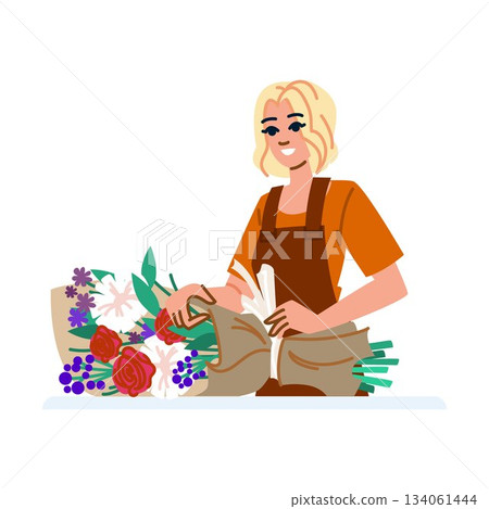 Woman florist wrapping fresh flower bouquet for customer 134061444