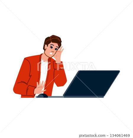 Man overhearing news on laptop showing curiosity 134061469