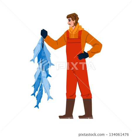 Fisherman holding fresh fish catch from successful fishing 134061476