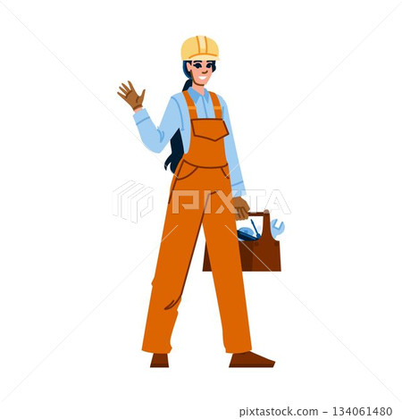 Female construction worker holding toolbox waving hello 134061480