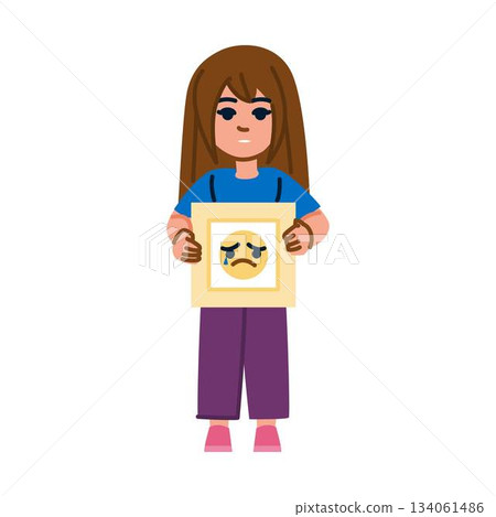 Girl holding sign showing sad crying emoji face Girl holding sign showing sad crying emoji face 134061486