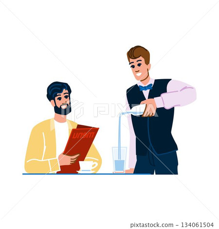 Waiter pouring water for customer reading menu in restaurant 134061504