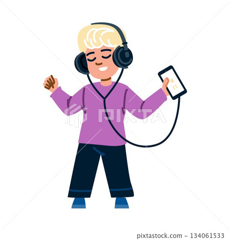Blond boy listening music on smartphone with headphones Blond boy listening music on smartphone with headphones 134061533