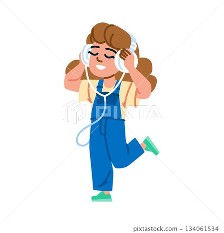 Girl child listening music enjoying sound headphones Girl child listening music enjoying sound headphones 134061534