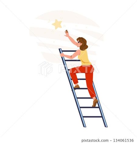 Woman climbing ladder reaching for a shining star Woman climbing ladder reaching for a shining star 134061536