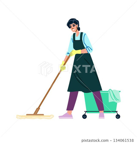 Woman janitor mopping floor with cleaning cart service 134061538