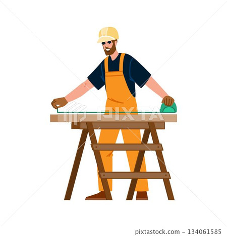 Carpenter man measuring wood plank on sawhorse 134061585