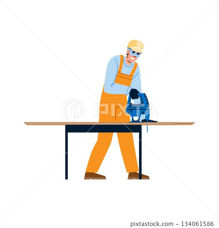Carpenter worker cutting wooden board with electric jigsaw 134061586