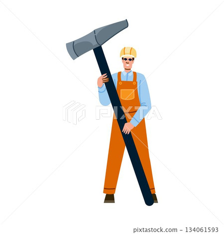 Worker holding oversized hammer presenting construction and renovation theme 134061593