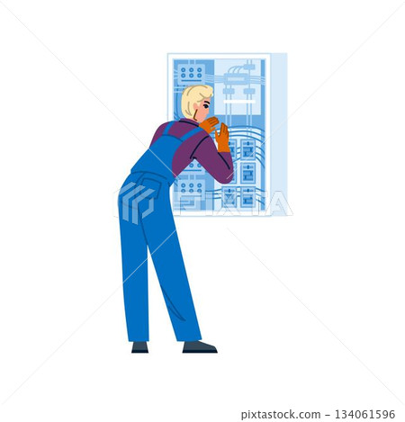 Electrician performing electrical panel maintenance and repair 134061596