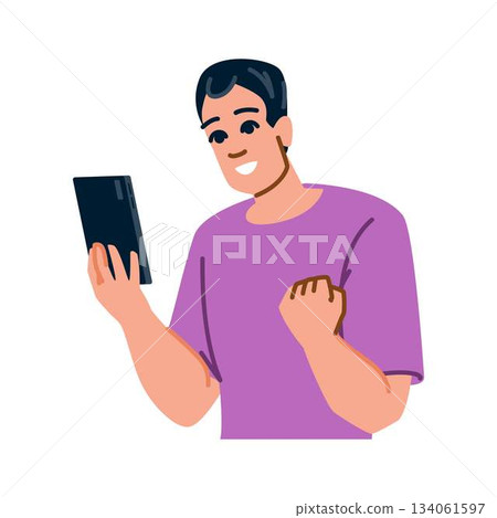 Young man celebrating success holding digital tablet 134061597