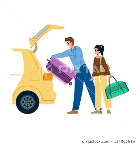 Couple packing luggage into car trunk for travel 134061619