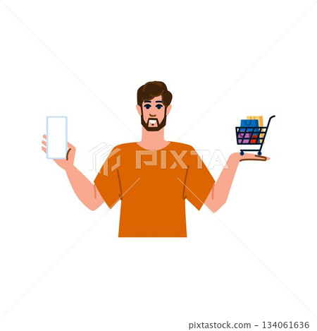 Man balancing smartphone with online shopping cart 134061636