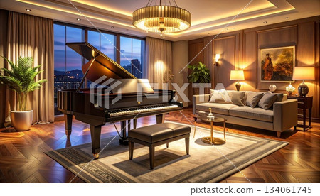 夜晚的豪華休息室和配有三角鋼琴的現代客廳 夜晚的豪華休息室和配有三角鋼琴的現代客廳 134061745