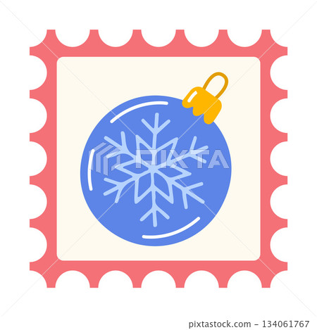 Christmas postage stamp with blue Christmas bauble. Flat style Christmas postage stamp with blue Christmas bauble. Flat style 134061767