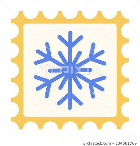 square postage stamp with blue stylized snowflake, yellow perforated border. Flat style 134061769
