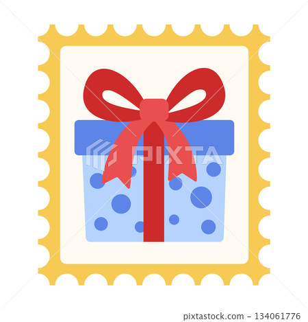 Christmas postage stamp with blue gift box and large red ribbon bow. Flat style Christmas postage stamp with blue gift box and large red ribbon bow. Flat style 134061776