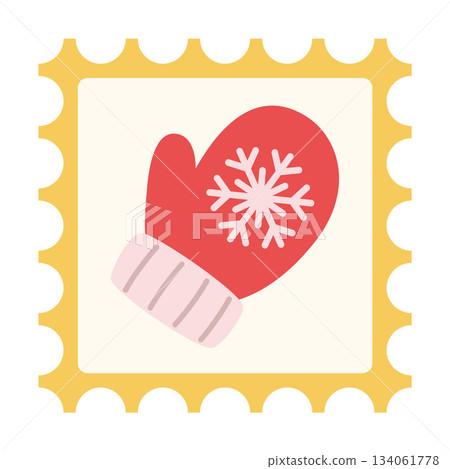 square postage stamp with red winter mitten with snowflake. Flat style square postage stamp with red winter mitten with snowflake. Flat style 134061778