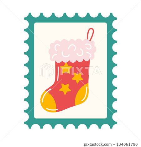 Christmas postage stamp with red Christmas stocking, fuzzy cuff, perforated border. Flat style Christmas postage stamp with red Christmas stocking, fuzzy cuff, perforated border. Flat style 134061780