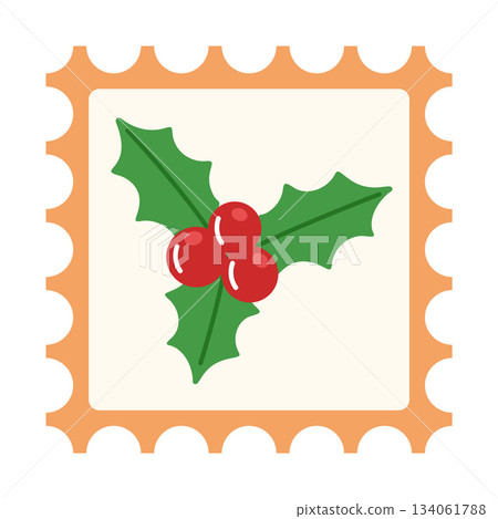 Christmas postage stamp with green holly leaves and red berries. Flat style Christmas postage stamp with green holly leaves and red berries. Flat style 134061788