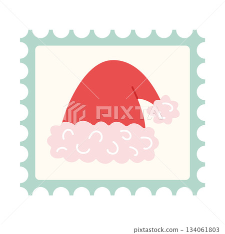 Christmas postage stamp with classic red Santa Claus hat. Flat style Christmas postage stamp with classic red Santa Claus hat. Flat style 134061803