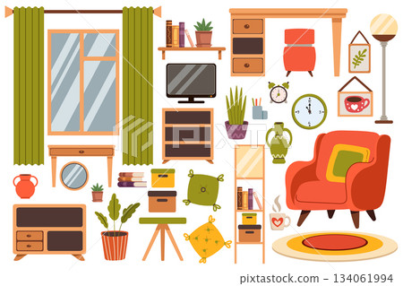 Set of living room furniture in a flat style, isolated on a background. Illustration includes an armchair, shelves, and decorative elements. Set of living room furniture in a flat style, isolated on a background. Illustration includes an armchair, shelves, and decorative elements. 134061994