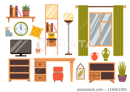 Set of living room furniture in a flat style, isolated on a background. Illustration includes a table, shelves, curtains, and decorative elements. 134061995