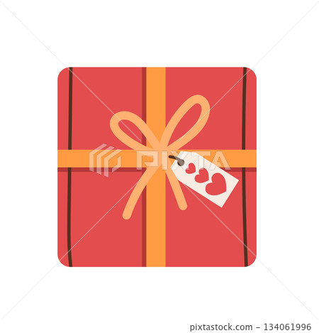 Festive red gift with a yellow ribbon for birthdays and Valentine's Day. Simple flat style illustration. 134061996