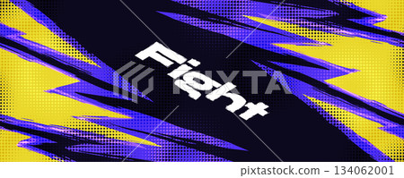 Dynamic Sport Background with Purple and Yellow Brush Strokes and Halftone Effect. Poster or Banner Template Design for Sports Events or Video Games Promotion 134062001