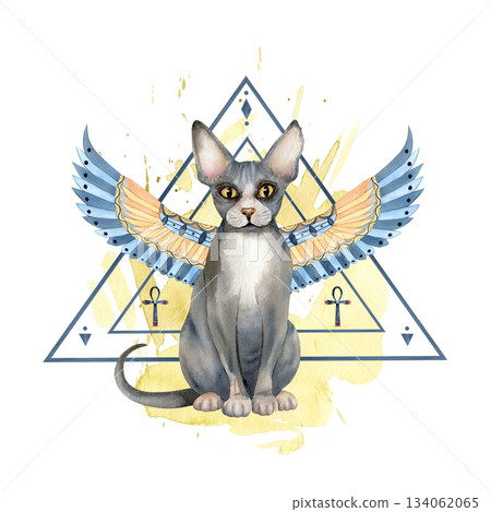 Sacred sphynx cat with wings, sacred animal of Egypt, line art pyramid, Ankh symbol. Sphinx protective talisman. Ancient religion symbol, icon. Watercolor isolated illustration. For textile, card Sacred sphynx cat with wings, sacred animal of Egypt, line art pyramid, Ankh symbol. Sphinx protective talisman. Ancient religion symbol, icon. Watercolor isolated illustration. For textile, card 134062065