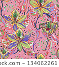 Floral brush strokes seamless pattern. Tropical floral pattern perfect for fabric, packaging, branding, social media, and textile print. 134062261