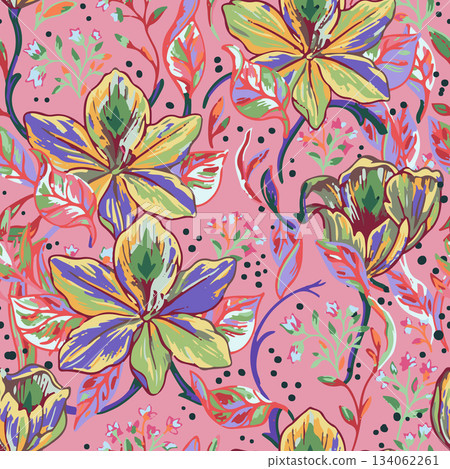 Floral brush strokes seamless pattern. Tropical floral pattern perfect for fabric, packaging, branding, social media, and textile print. 134062261