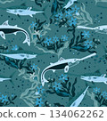 High quality vector Saw Shark and waterweed pattern perfect for fabric, packaging, branding, and textile print. Fully scalable and editable. 134062262