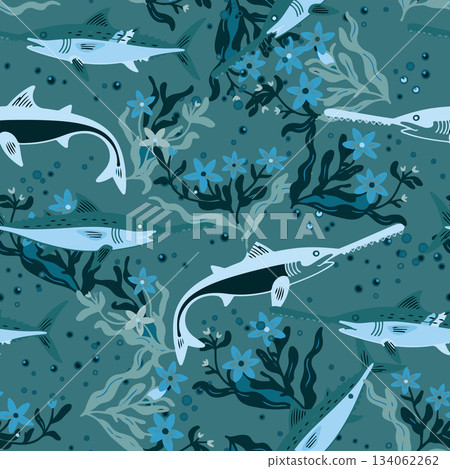 High quality vector Saw Shark and waterweed pattern perfect for fabric, packaging, branding, and textile print. Fully scalable and editable. High quality vector Saw Shark and waterweed pattern perfect for fabric, packaging, branding, and textile print. Fully scalable and editable. 134062262
