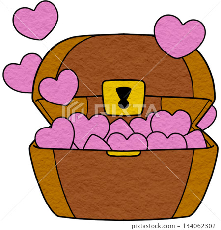 wooden treasure chest overflowing with pink hearts 134062302