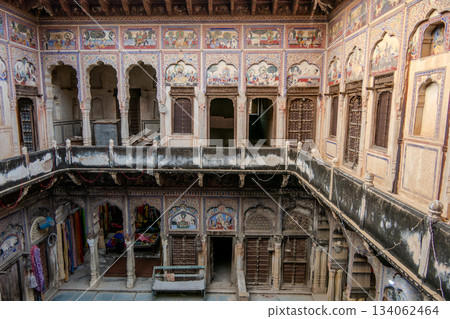 Mandawa, India, October 21, 2025. Courtyard of a haveli converted into a hotel in Mandawa. 134062464