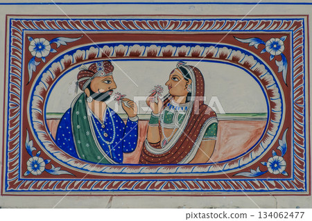 India, mural in a haveli depicting a couple smelling flowers in Mandawa 134062477
