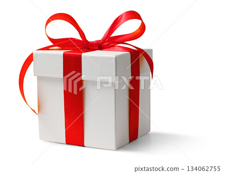 White gift box with red bow on a white background White gift box with red bow on a white background 134062755