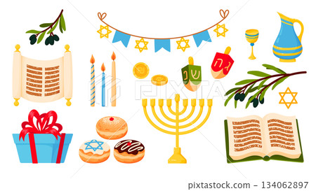 Set of Hanukkah holiday elements and attributes. Hanukkiah, Torah, dreidel, sufganiyot, coin, Star of David, candles, olive branch. Flat vector illustrations isolated on white background Set of Hanukkah holiday elements and attributes. Hanukkiah, Torah, dreidel, sufganiyot, coin, Star of David, candles, olive branch. Flat vector illustrations isolated on white background 134062897