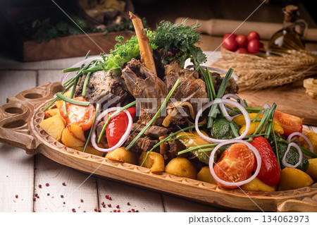 Traditional syrne lamb dish with vegetables Traditional syrne lamb dish with vegetables 134062973