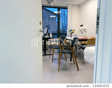 Medical office interior with supplies and open door. Medical office interior with supplies and open door. 134063035